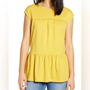 Caslon Womens Medium Peplum Shirt  Cap Sleeve Tunic Top Yellow Nordstrom NEW 603